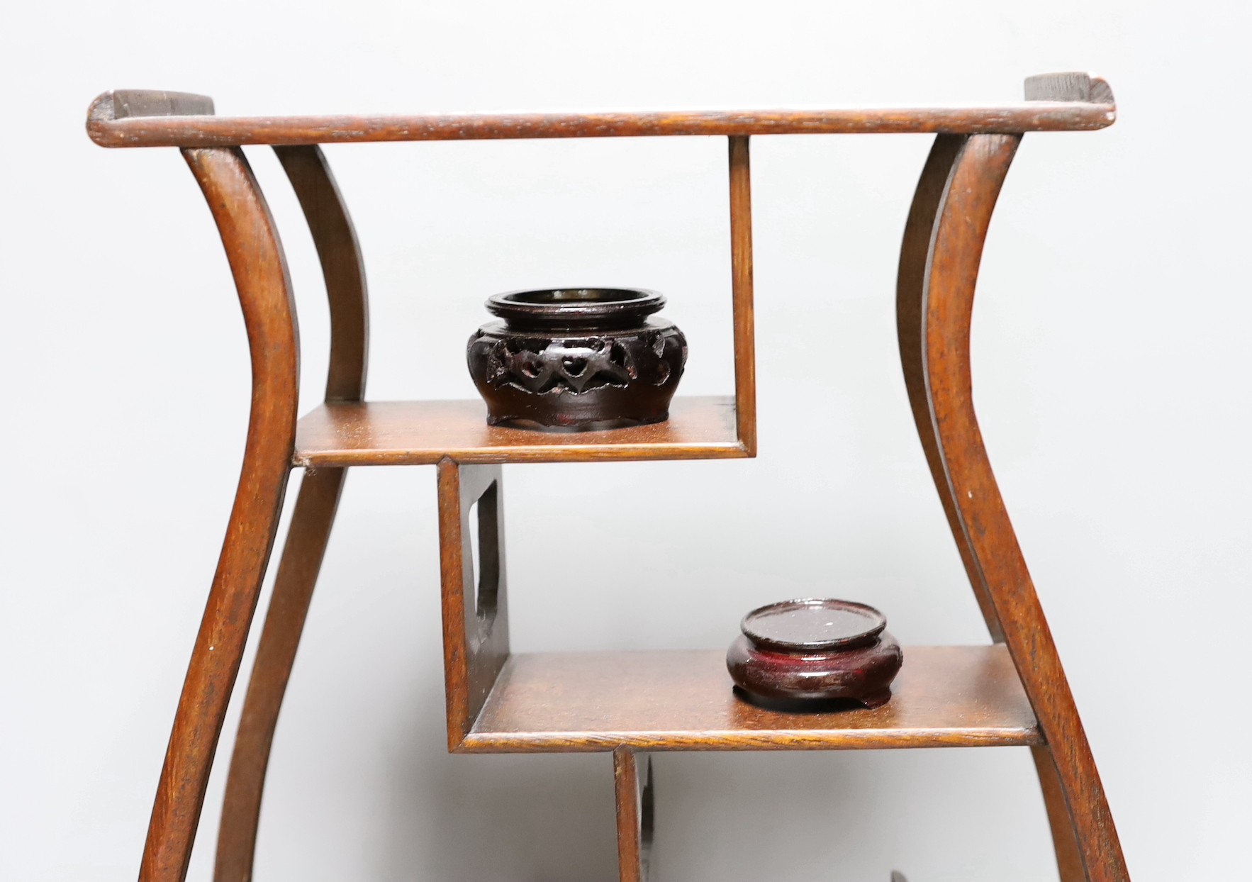 A Chinese wood shelf and various wood stands, tallest 45cm